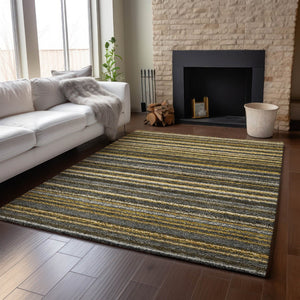 HomeRoots 5' X 8' Stylish Gold Ivory Gray Striped Washable Area Rug with UV Protection for High-Traffic Rooms 650796