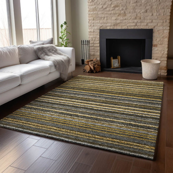 HomeRoots 5' X 8' Stylish Gold Ivory Gray Striped Washable Area Rug with UV Protection for High-Traffic Rooms 650796