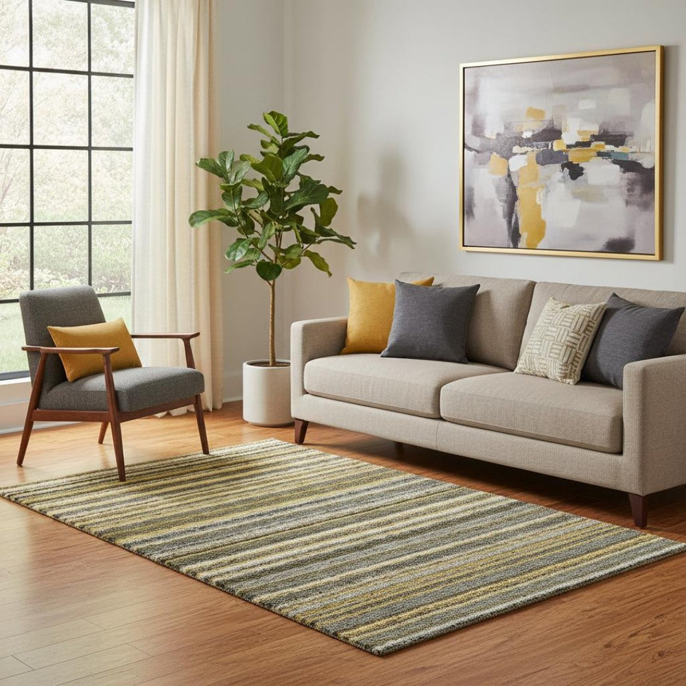 HomeRoots 5' X 8' Stylish Gold Ivory Gray Striped Washable Area Rug with UV Protection for High-Traffic Rooms 650796