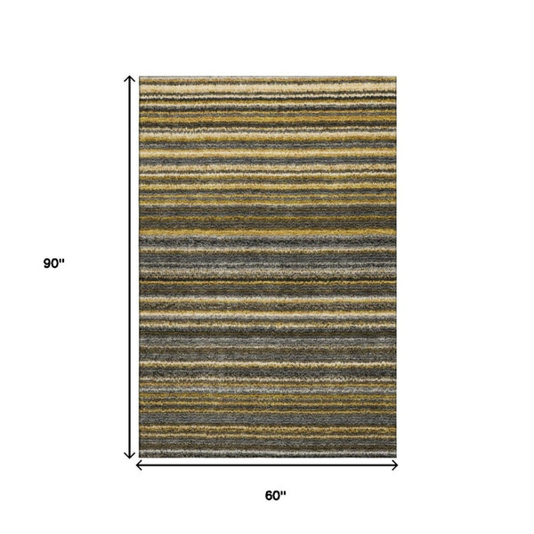 HomeRoots 5' X 8' Stylish Gold Ivory Gray Striped Washable Area Rug with UV Protection for High-Traffic Rooms 650796