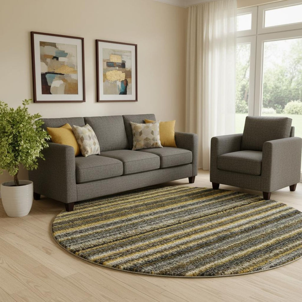 HomeRoots 8' Gold Ivory and Gray Striped Washable Round Rug - Stylish, Durable, UV-Protected for Indoor & Outdoor Use 650797