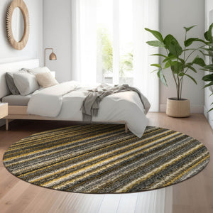 HomeRoots 8' Gold Ivory and Gray Striped Washable Round Rug - Stylish, Durable, UV-Protected for Indoor & Outdoor Use 650797