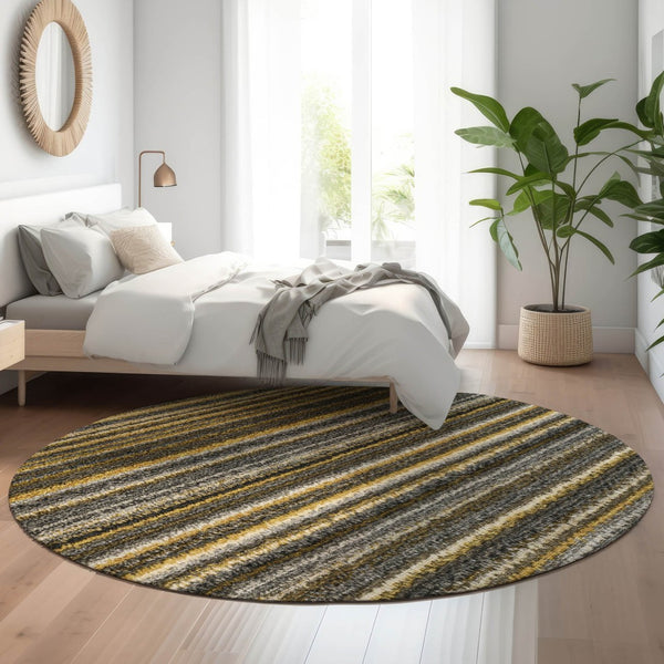 HomeRoots 8' Gold Ivory and Gray Striped Washable Round Rug - Stylish, Durable, UV-Protected for Indoor & Outdoor Use 650797