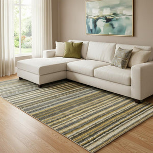 HomeRoots 8' X 10' Gold Ivory Gray Striped Washable Area Rug - Stain Resistant, UV Protected, Family Friendly! 650798