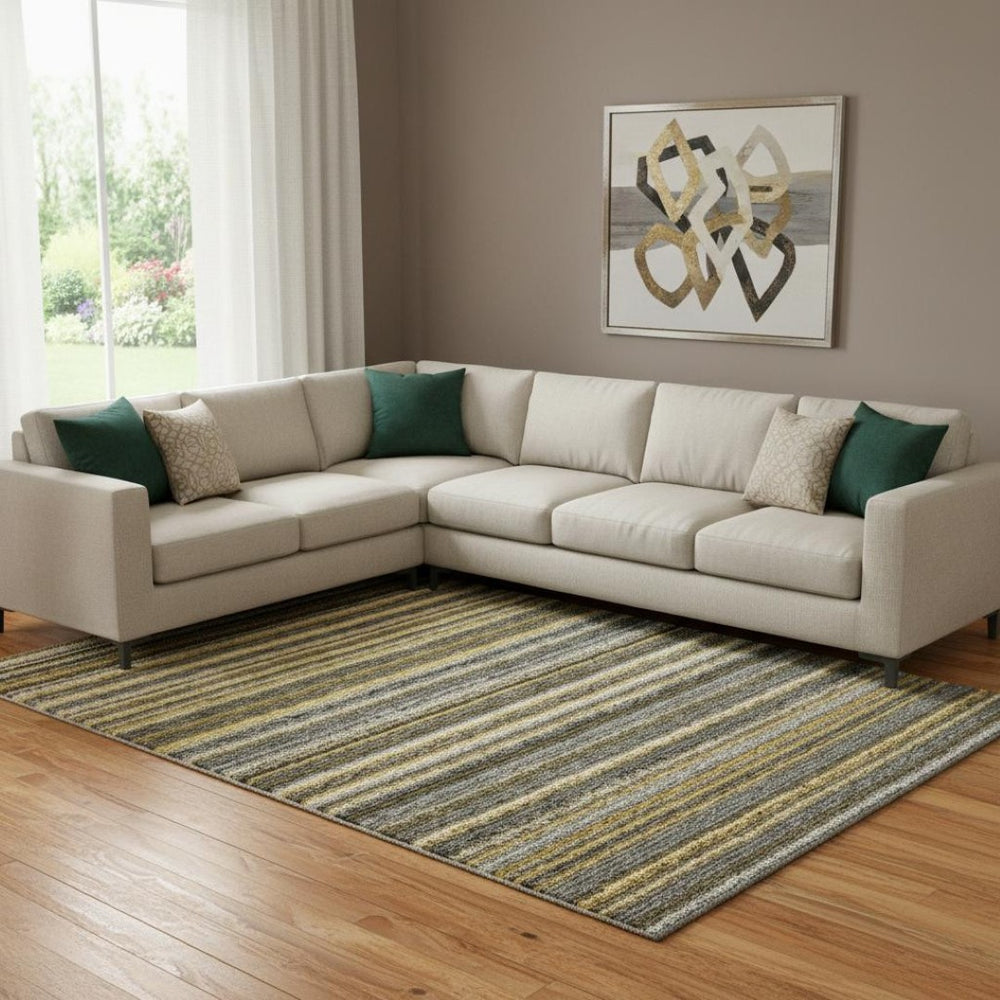 HomeRoots 9' X 12' Gold Ivory and Gray Striped Area Rug - Washable, UV-Protected, Perfect for Busy Homes! 650799
