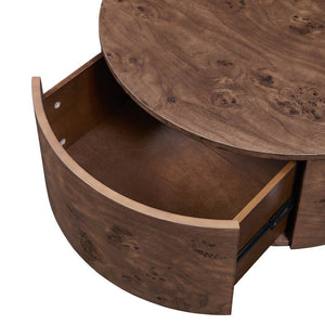 English Elm Burl Veneer Round Coffee Table Swivel Top Two Drawers Walnut Living Room N735P387206D