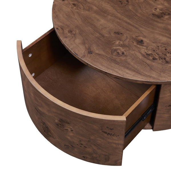 English Elm Burl Veneer Round Coffee Table Swivel Top Two Drawers Walnut Living Room N735P387206D