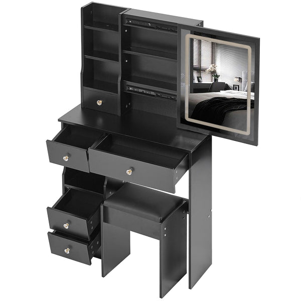 English Elm 29.2" Compact Vanity Table Set With Led Mirror, Touch Control, Cushioned Stool & Ample Storage Solutions W3258P299612