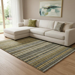 HomeRoots 10' Gold Ivory Gray Striped Washable Area Rug - Durable UV-Protected Design for High-Traffic Spaces 650800