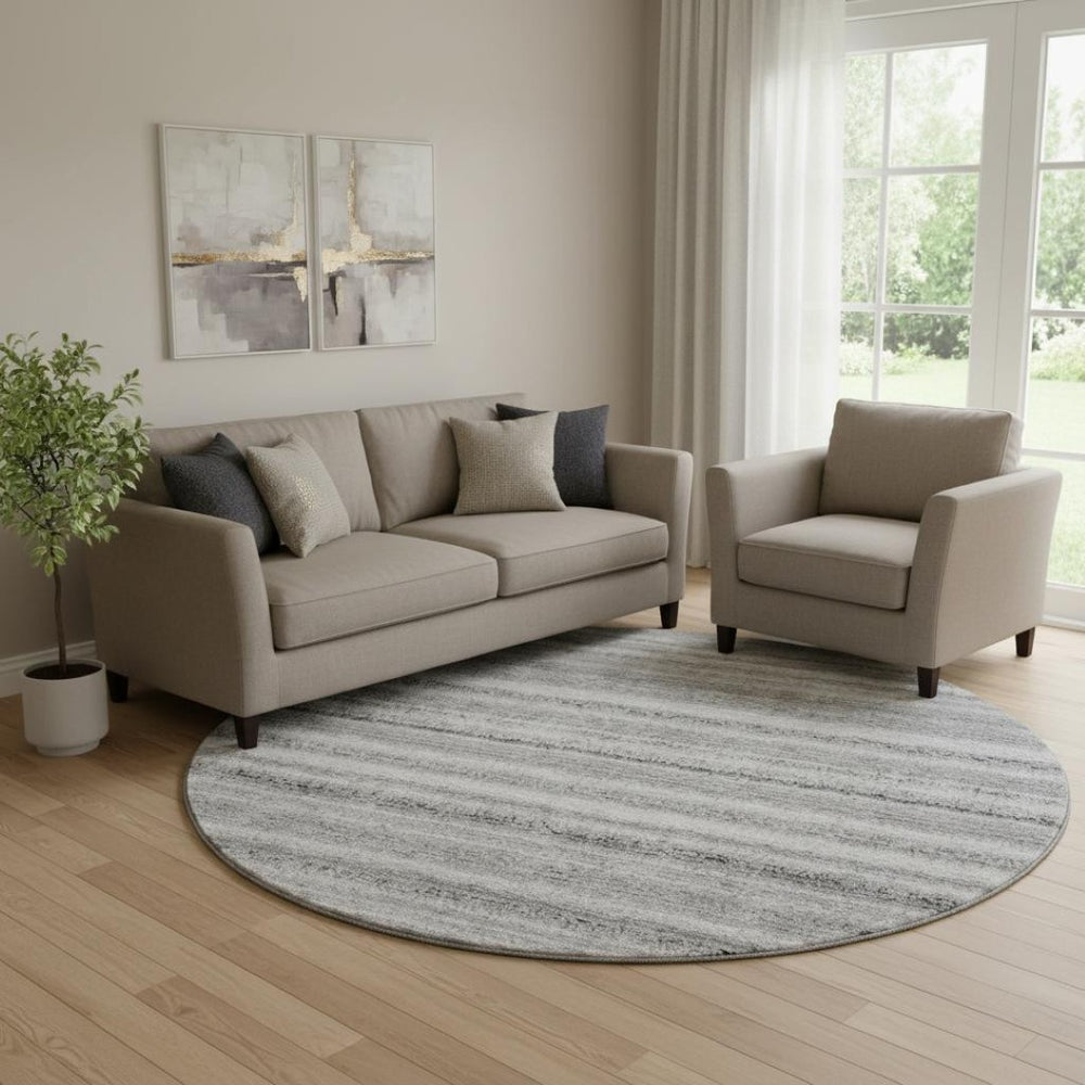 HomeRoots 8' Gray and Silver Striped Round Rug - Stylish, Washable, UV-Protected for High-Traffic Homes & Décor 650803