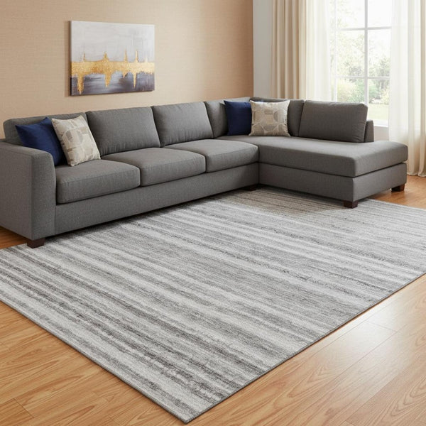 HomeRoots 8' X 10' Gray & Silver Striped Washable Area Rug - Durable, UV-Protected & Stain-Resistant Design 650804