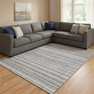 HomeRoots 9' X 12' Gray and Silver Striped Area Rug - Washable, UV-Protected, Durable for Kids and Pets! 650805