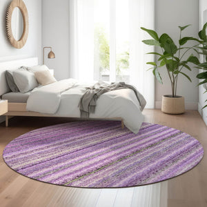 HomeRoots 8' Purple and Gray Striped Washable Round Rug with UV Protection – Stylish, Durable, and Easy-Care! 650809