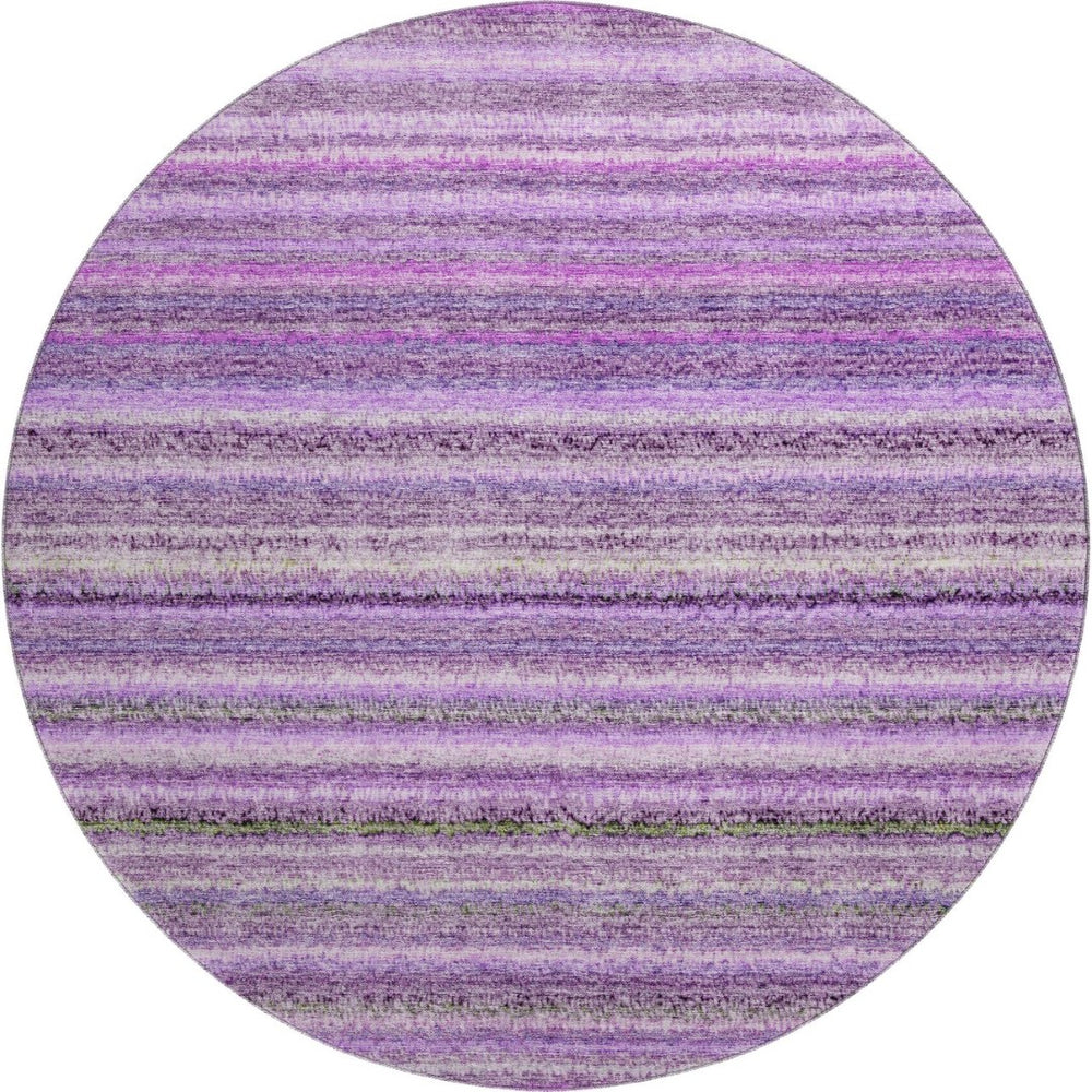 HomeRoots 8' Purple and Gray Striped Washable Round Rug with UV Protection – Stylish, Durable, and Easy-Care! 650809