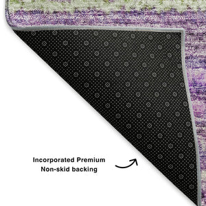 HomeRoots 8' Purple and Gray Striped Washable Round Rug with UV Protection – Stylish, Durable, and Easy-Care! 650809