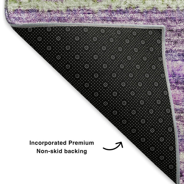 HomeRoots 8' Purple and Gray Striped Washable Round Rug with UV Protection – Stylish, Durable, and Easy-Care! 650809