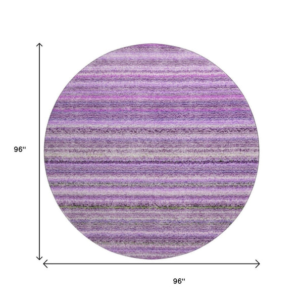 HomeRoots 8' Purple and Gray Striped Washable Round Rug with UV Protection – Stylish, Durable, and Easy-Care! 650809