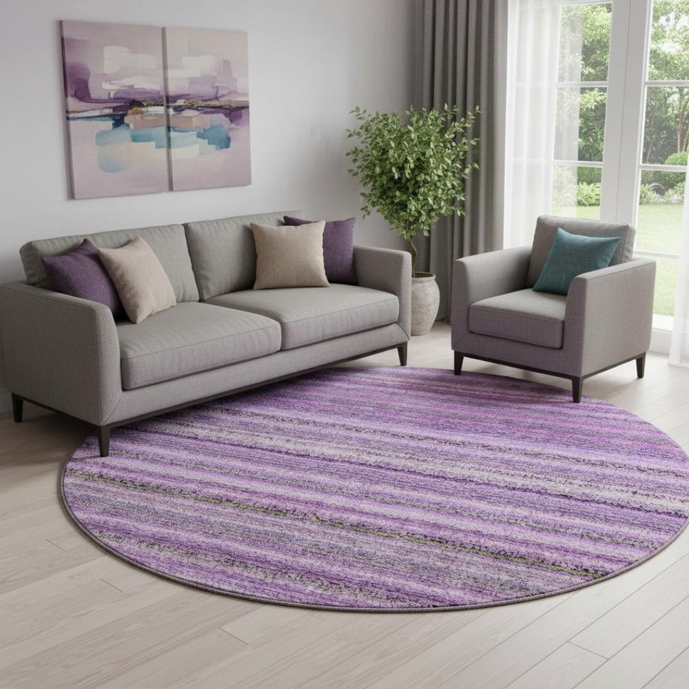 HomeRoots 8' Purple and Gray Striped Washable Round Rug with UV Protection – Stylish, Durable, and Easy-Care! 650809