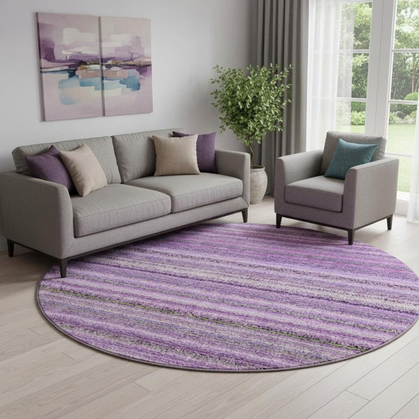 HomeRoots 8' Purple and Gray Striped Washable Round Rug with UV Protection – Stylish, Durable, and Easy-Care! 650809