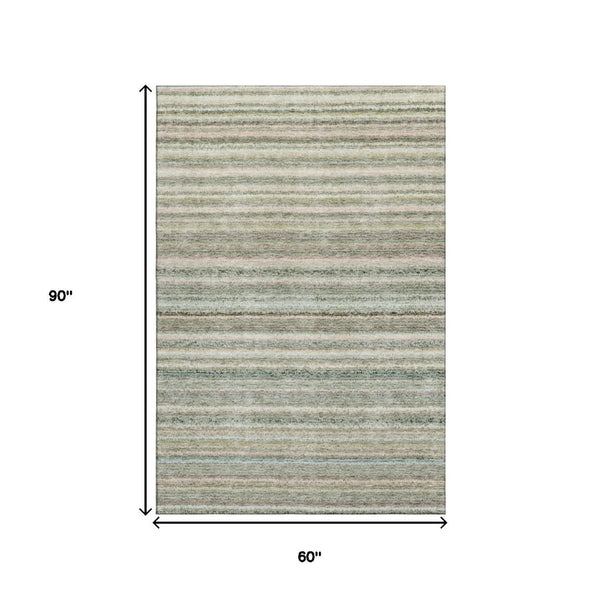 HomeRoots 5' X 8' Sage and Ivory Striped Washable Area Rug - Durable, Stain-Resistant with UV Protection! 650814