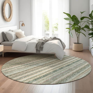HomeRoots 8' Sage and Ivory Striped Round Rug - Washable, UV-Protected, Durable Design for High-Traffic Areas 650815
