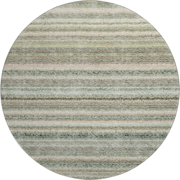 HomeRoots 8' Sage and Ivory Striped Round Rug - Washable, UV-Protected, Durable Design for High-Traffic Areas 650815