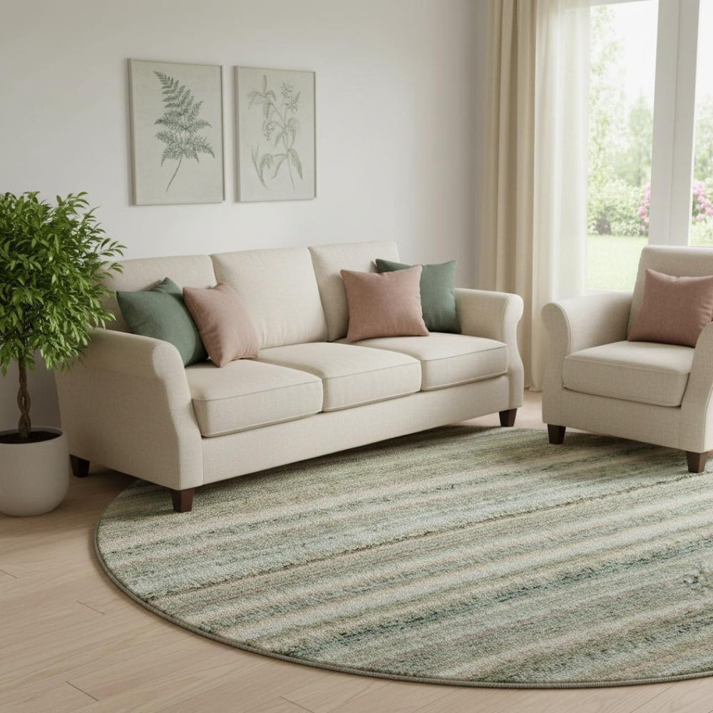 HomeRoots 8' Sage and Ivory Striped Round Rug - Washable, UV-Protected, Durable Design for High-Traffic Areas 650815