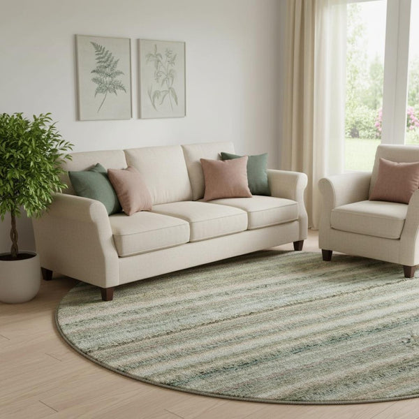 HomeRoots 8' Sage and Ivory Striped Round Rug - Washable, UV-Protected, Durable Design for High-Traffic Areas 650815