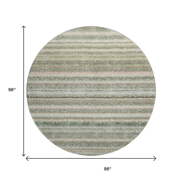 HomeRoots 8' Sage and Ivory Striped Round Rug - Washable, UV-Protected, Durable Design for High-Traffic Areas 650815