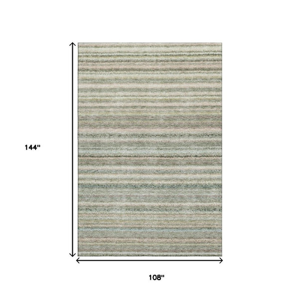 HomeRoots 9' X 12' Sage and Ivory Striped Washable Area Rug with UV Protection for Elegant Indoor Spaces 650817
