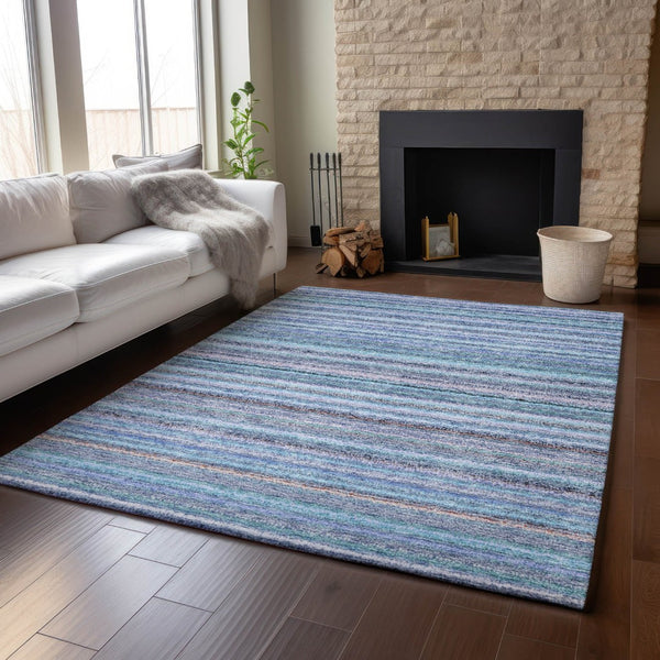 HomeRoots 5' Sky Blue & Gray Striped Washable Area Rug - Durable, UV-Protected for Stylish Home Décor 650820