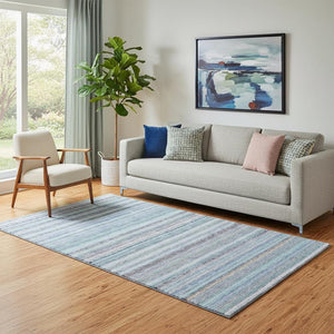 HomeRoots 5' Sky Blue & Gray Striped Washable Area Rug - Durable, UV-Protected for Stylish Home Décor 650820