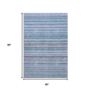 HomeRoots 5' Sky Blue & Gray Striped Washable Area Rug - Durable, UV-Protected for Stylish Home Décor 650820