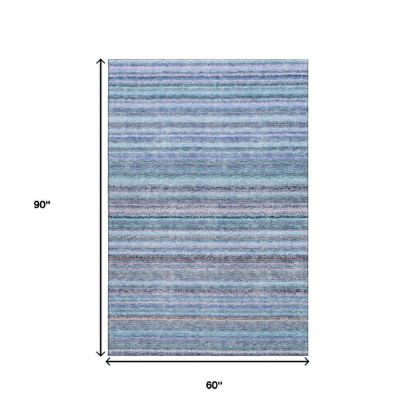 HomeRoots 5' Sky Blue & Gray Striped Washable Area Rug - Durable, UV-Protected for Stylish Home Décor 650820