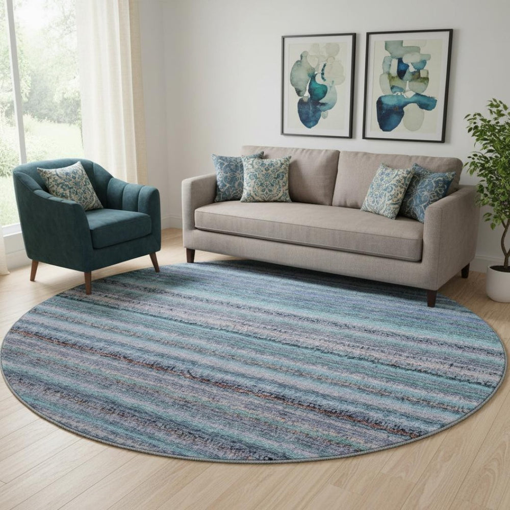 HomeRoots 8' Sky Blue and Gray Striped Round Rug - Washable, UV Protected, Stain Resistant for Busy Homes! 650821