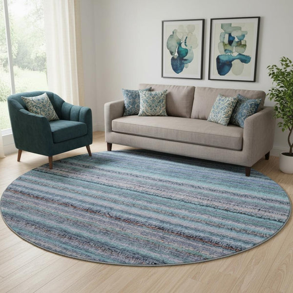 HomeRoots 8' Sky Blue and Gray Striped Round Rug - Washable, UV Protected, Stain Resistant for Busy Homes! 650821