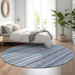 HomeRoots 8' Sky Blue and Gray Striped Round Rug - Washable, UV Protected, Stain Resistant for Busy Homes! 650821