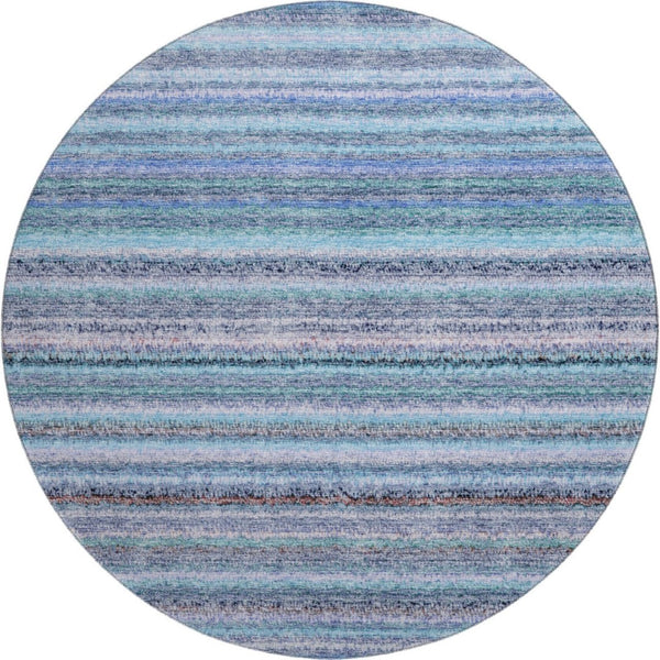 HomeRoots 8' Sky Blue and Gray Striped Round Rug - Washable, UV Protected, Stain Resistant for Busy Homes! 650821