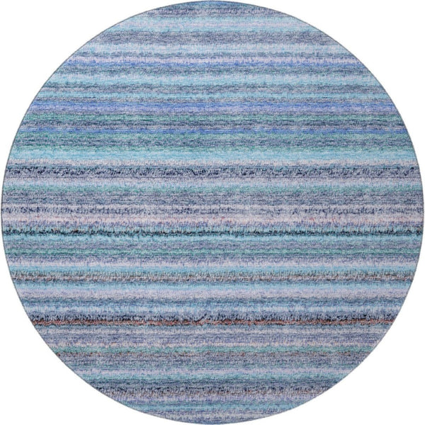 HomeRoots 8' Sky Blue and Gray Striped Round Rug - Washable, UV Protected, Stain Resistant for Busy Homes! 650821