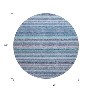 HomeRoots 8' Sky Blue and Gray Striped Round Rug - Washable, UV Protected, Stain Resistant for Busy Homes! 650821
