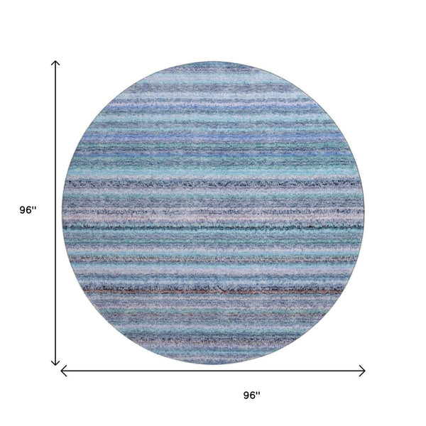 HomeRoots 8' Sky Blue and Gray Striped Round Rug - Washable, UV Protected, Stain Resistant for Busy Homes! 650821