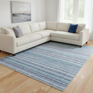 HomeRoots 8' x 10' Sky Blue & Gray Striped Washable Area Rug - Stain Resistant, UV Protected & Soft Pile 650822