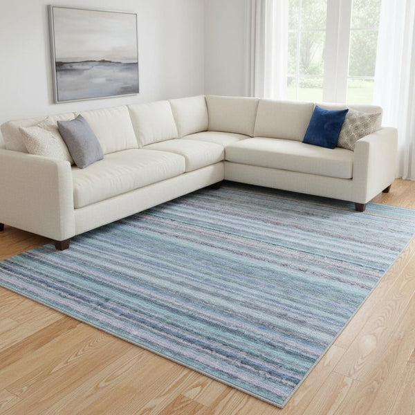 HomeRoots 8' x 10' Sky Blue & Gray Striped Washable Area Rug - Stain Resistant, UV Protected & Soft Pile 650822
