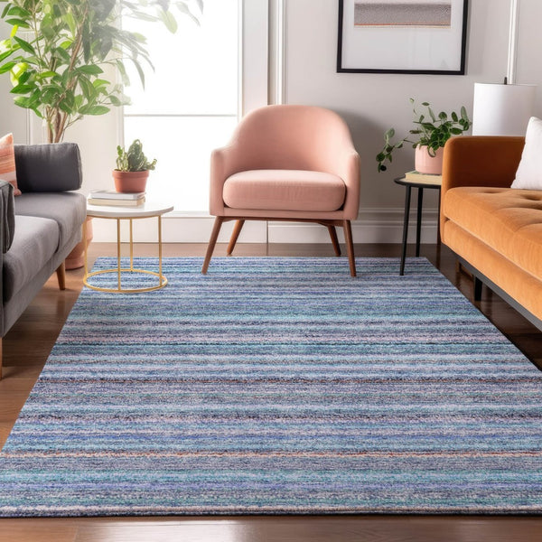 HomeRoots 9' X 12' Sky Blue and Gray Striped Area Rug - Washable, UV Protected, Perfect for High-Traffic Spaces 650823