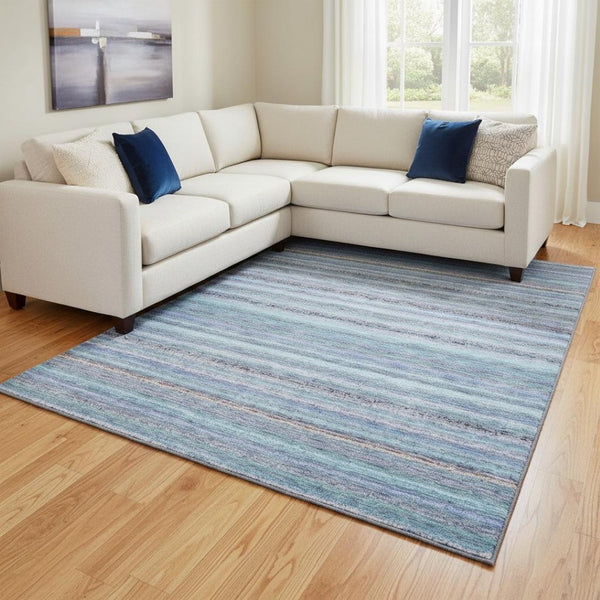 HomeRoots 9' X 12' Sky Blue and Gray Striped Area Rug - Washable, UV Protected, Perfect for High-Traffic Spaces 650823