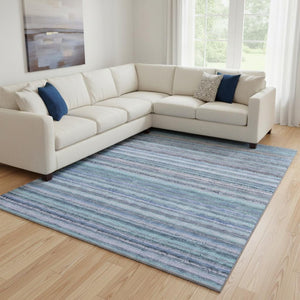 HomeRoots 10' Sky Blue & Gray Striped Washable Area Rug - UV Protected, Durable, Stain-Resistant Design! 650824