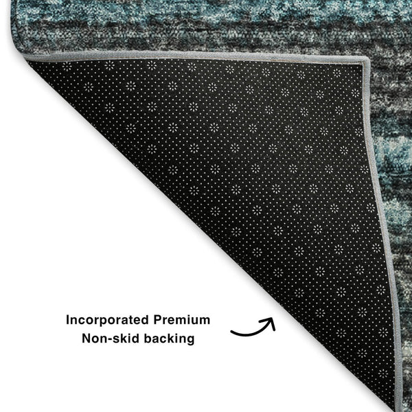 HomeRoots 5' Teal and Gray Striped Area Rug - Washable, Stain Resistant, UV Protected for Modern Spaces! 650826