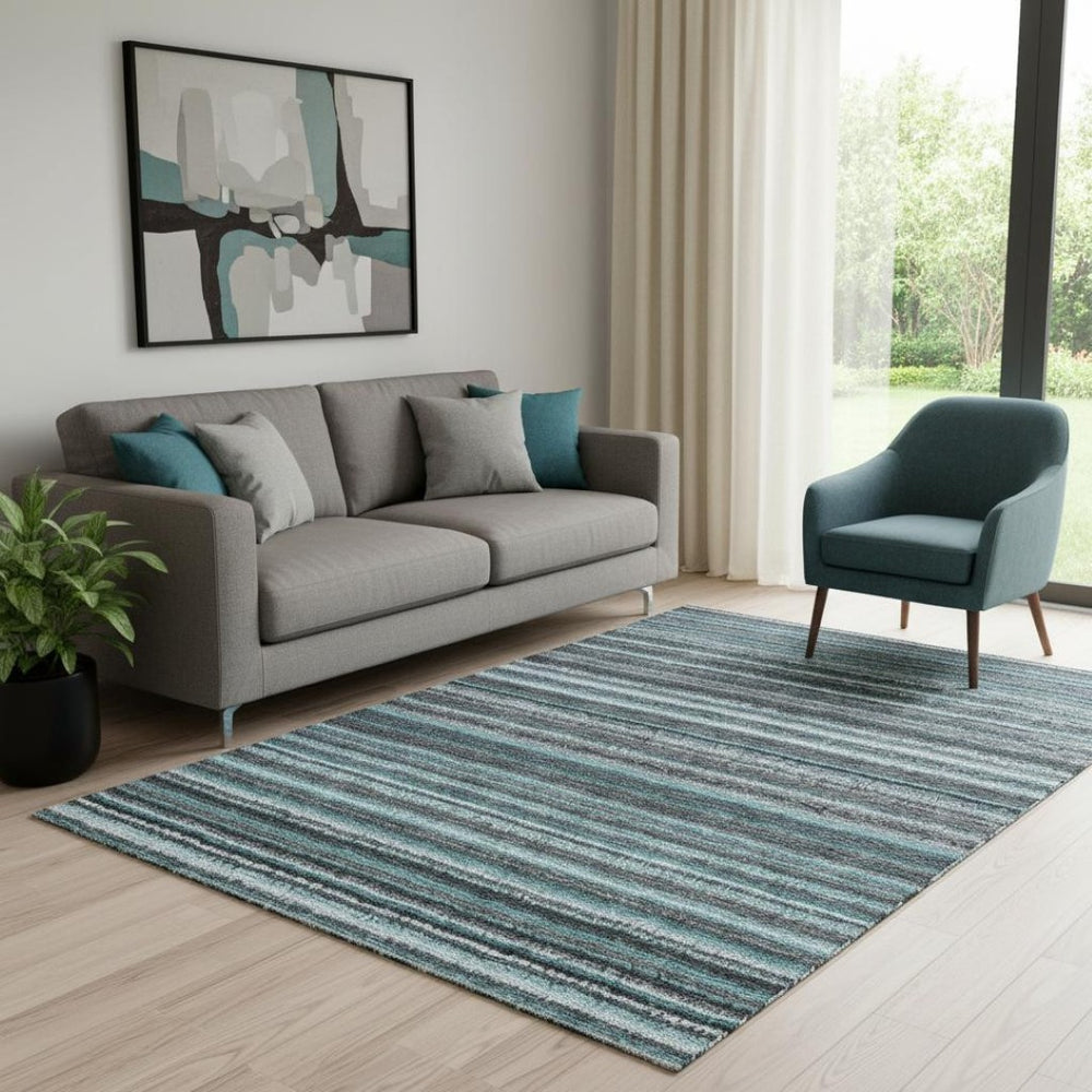 HomeRoots 5' Teal and Gray Striped Area Rug - Washable, Stain Resistant, UV Protected for Modern Spaces! 650826