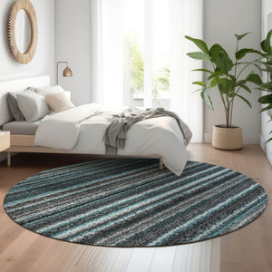 HomeRoots 8' Teal and Gray Striped Washable Round Rug - Durable, Soft, UV Protected for Family Spaces & More! 650827
