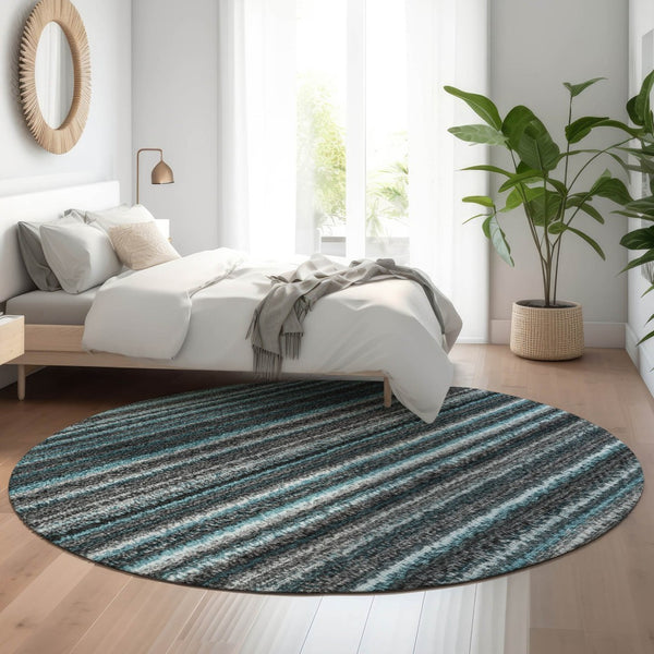 HomeRoots 8' Teal and Gray Striped Washable Round Rug - Durable, Soft, UV Protected for Family Spaces & More! 650827